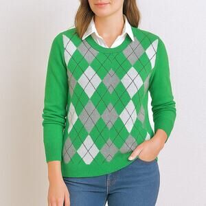 Y2K Banana Republic Green Argyle MED Cashmere Wool Sweater Soft Preppy Academia